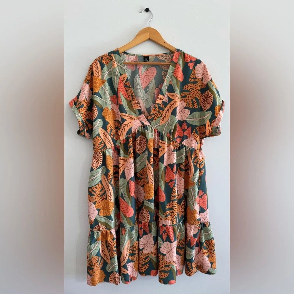 SHEIN Curve Babydoll Dress 2XL Green Tropical Print Short Sleeve Boho Casual